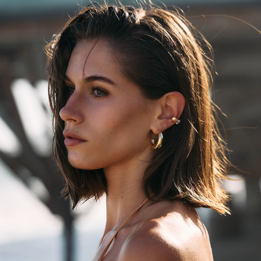 La Forza Luna Hoop earrings styled on model